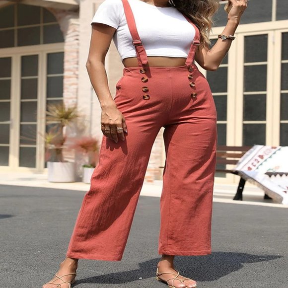 Decorative Button Adjustable Strap Suspender Pants - Picture 1 of 4